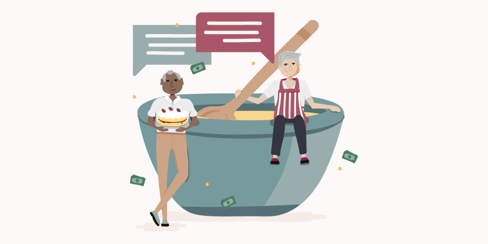 Fathom illustration of a couple baking a cake Fathom illustration of a couple baking a cake