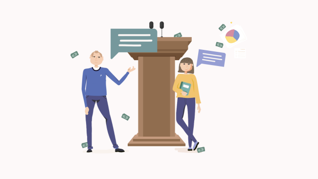 two characters stand either side of a lectern ready to debate