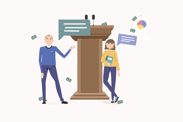 two characters stand either side of a lectern ready to debate